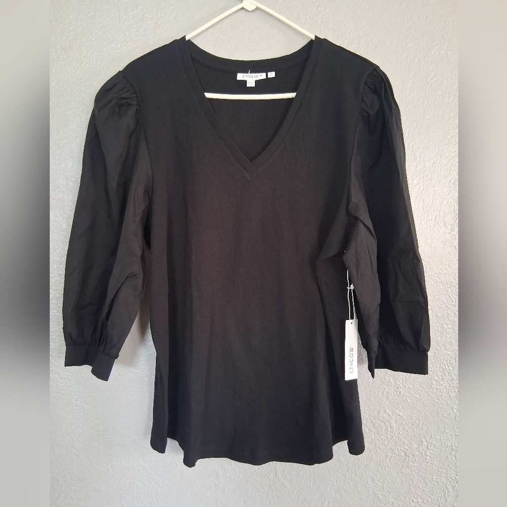 Chico's NWT Rib Mix V Neck Top 3/4 Sleeve Cotton Blend Top 4/XXL